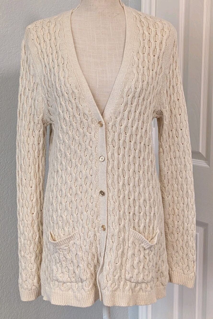 Vtg Lands End Women MEDIUM Cable Knit Long Cardigan Sweater Metallic Fleck Ivory